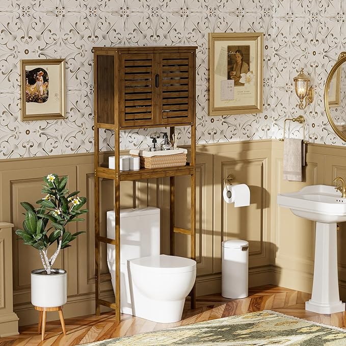 SMIBUY Bathroom Storage Shelf with Cabinet, Bamboo Over-The-Toilet Organizer Rack, Freestanding Toilet Space Saver with 3-Tier Adjustable Shelves (Walnut)