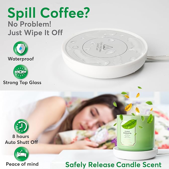 Coffee Mug Warmer with Auto Shut-Off – Compact 17W Cup Warmer for Desk with Gravity Switch – Electric Candle Warmer Plate for Jar Candles – Keeps Coffee, Tea & Drinks Warm – Safe & Durable (White)