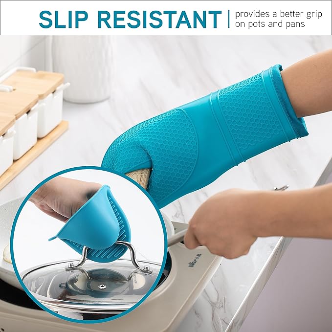COOK WITH COLOR Silicone Oven Mitts- Heat Resistant Gloves with Soft Quilted Lining Oven Mitt Pot Holders for Cooking and BBQ, Teal, Mitt Set