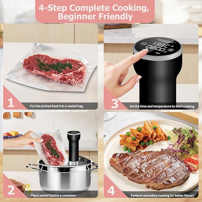CATTLEMAN Sous Vide Cooker WiFi Kit, 1000W, Waterproof, Sous Vide Machine, Immersion Circulators for Suvee Cooker Kit with Vacuum Bags, Vacuum Pump, Precision Temperature Timer, Noise-free
