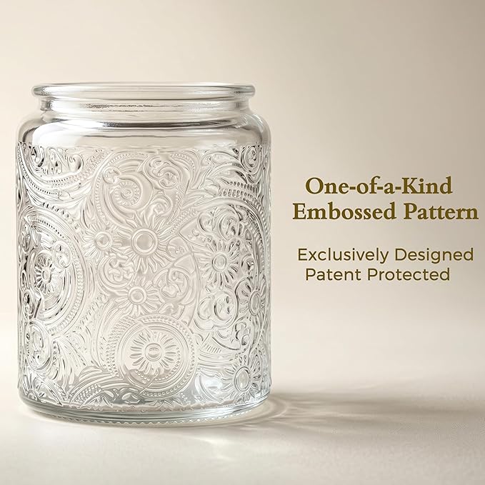 Art Secret 9-Pack 8oz Embossed Glass Candle Jars with Lids and Labels - Sun Moon Stars Design (Clear)