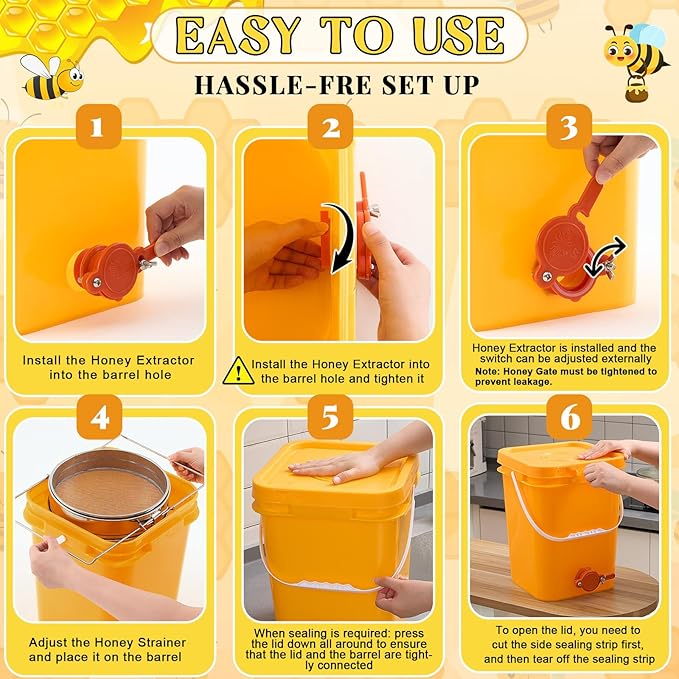 Threehoney 5 Gallon Honey Bucket with Spigot and Stainless Steel Filters Set Honey Extractor Equipment Food-Grade Bucket with Spigot for Bee Keeping Supplies Extracting Storage(Yellow,5 Gallon)
