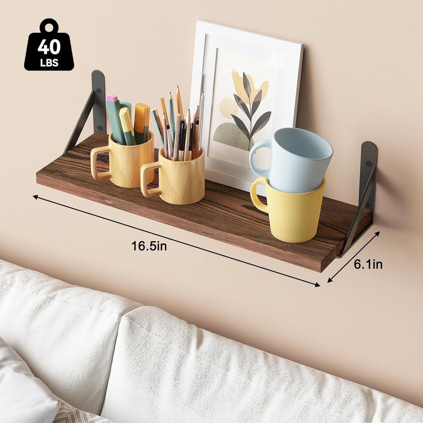 YGEOMER 16.5 Inch Floating Shelves for Wall, Farmhouse Wall Shelves for Bedroom, Bathroom Storage, Living Room and Kitchen Decor (Set of 6 Dark Carbonized Pine)