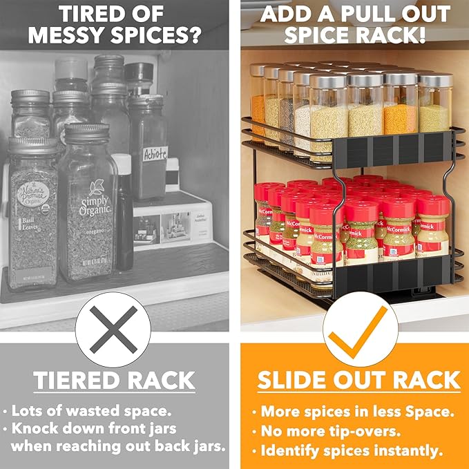SpaceAid Pull Out Spice Rack Organizer for Cabinet, Heavy Duty Slide Out Seasoning Kitchen Organizer, Cabinet Organizer, with Labels, 8.5" W x10.75 D x8.5 H, 1 Drawer 2-Tier