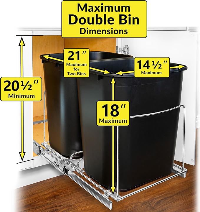 LYNK PROFESSIONAL® Double Pull Out Trash Can Under Cabinet - Under Sink Trash Can Slider - Trash Can Slide Out Drawer - Sliding Pull Out for Kitchen Garbage Bin (Trash Cans Not Included)