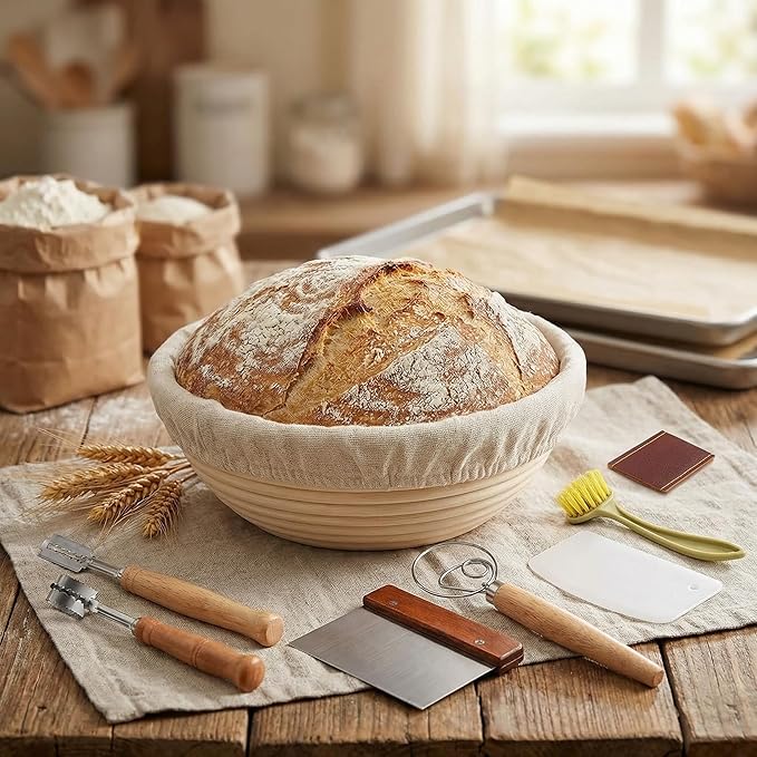 9 Inch Round Sourdough Proofing Basket, 7-Piece Complete Starter Kit with Linen Liner & Baking Tools, Bread Baking Supplies & Accessories Gift Set, Local Warehouse Shipment (1 Pack)