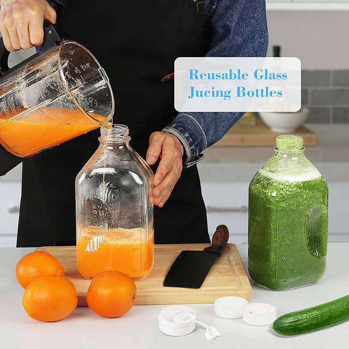 3 Pack 2 Qt Glass Water Bottles with Handle and Airtight Reusable SCREW LID - 64 Oz Juice Jugs, 1/2 Gallon Glass Milk Container for Fridge, Breast Milk Jug Pitcher with 2 Spouts, Extra Lids & Handles