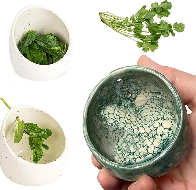 Premium Herb Stripper Bowl,2025 New Pottery Herb Stripper Bowl With Various Hole Sizes,Efficient Herb Peeling Cup For Salads Cooking,Pottery Kitchen Tool For Meal Prep (Green)