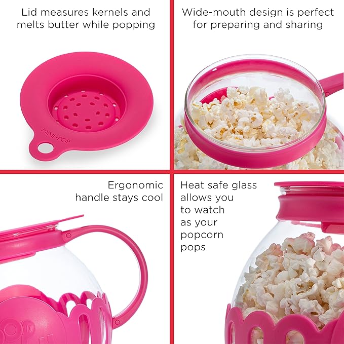 Ecolution Patented Micro-Pop Microwave Popcorn Popper with Temperature Safe Glass, 3-in-1 Lid Measures Kernels and Melts Butter, Made Without BPA, Dishwasher Safe, 3-Quart, Hot Pink