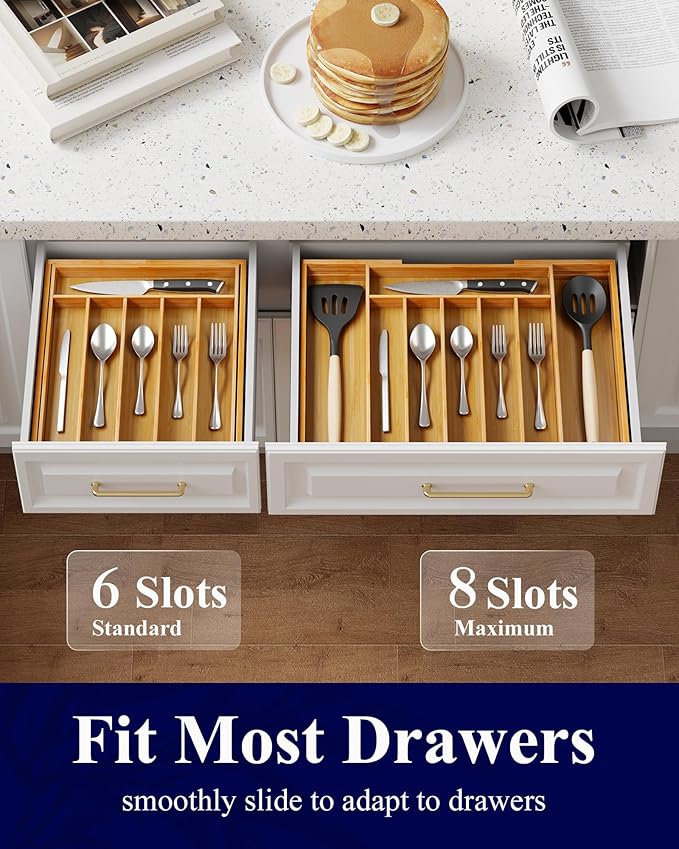Kitsure Extra Large Bamboo Silverware Organizer - Expandable Drawer Organizer for Utensil, Cutlery and Flatware, Kitchen Storage Solution with 6 to 8 Slots, Natural, 19.7" × 15.4" × 2.0"