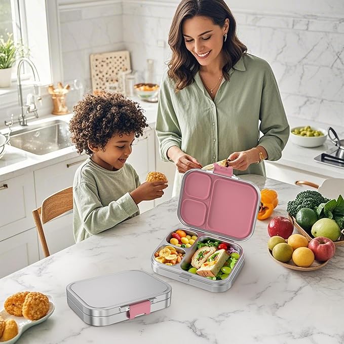 LOHASOK Stainless Steel Bento Lunch Box, 3-Compartment Food Container Large 800ML Metal Bento Box for Kids or Adults with Lockable Clips to Leak Proof Pink