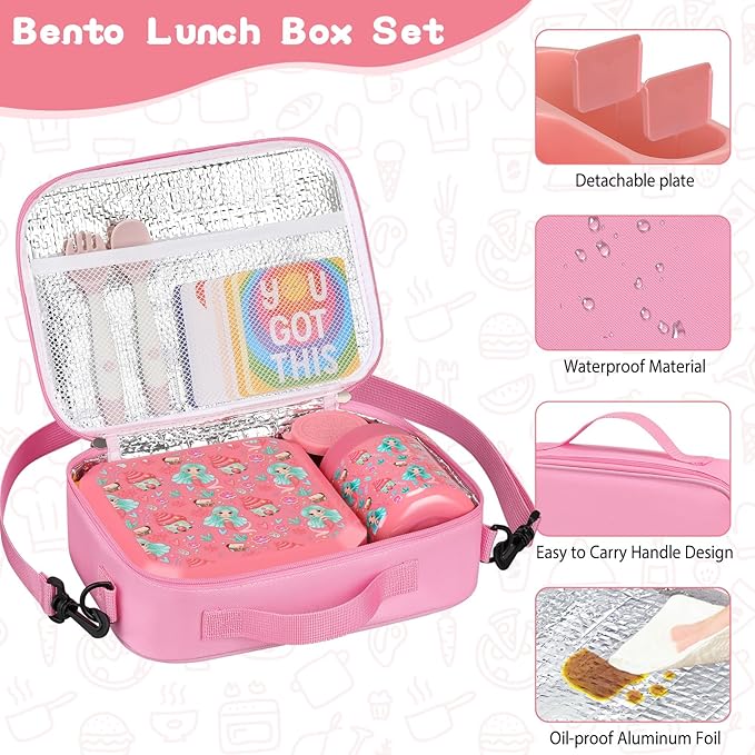 wiwens Bento Lunch Box for Kids with 12oz Soup Thermo Leak-Proof Lunch Food Container with 5 Compartment Thermo Hot Food Jar and Insulated Lunch Bag for Kid Toddler Girls Boys to School