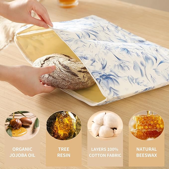 Wide Zipper Access Cotton &Beeswax Bags for Homemade Bread 2 Pack XL Reusable Beeswax Bread Bags for Homemade Bread Freezer Organic Cotton Food Storage Bags to Keep Fresh