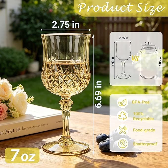 Plastic Wine Glasses, Plastic Goblets Vintage Style Cordial Unbreakable Drinking Glasses, Reusable Drinkware for Wedding Reception, Grand Event Party Supplies (24, Gold)