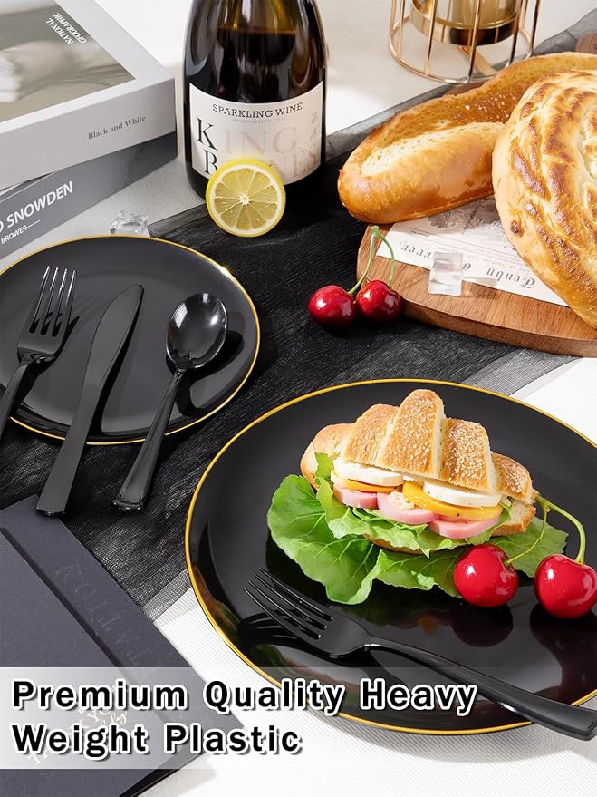 WDF 180 Pieces Black Plastic Silverware - Plastic Silverware Set Include 60 Forks, 60 Knives, 60 Spoons - Heavy Duty Black Disposable Cutlery - Disposable Utensils for New Year, Wedding