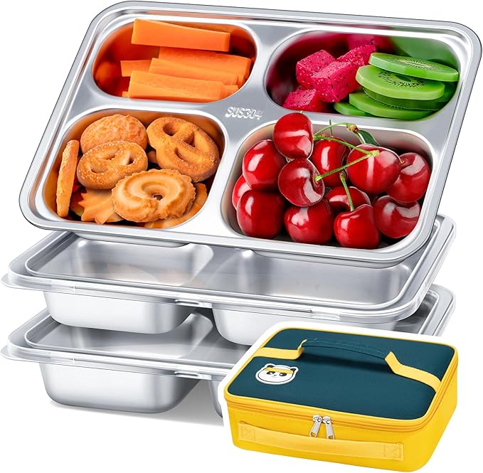KTKUDY 3 Pack Stainless Steel Snack & Lunch Containers for Kids & Adults - with Plastic Lids & Lunch Bag - 4 Compartments Metal Bento Lunch Box - Meal Prep Containers - Toddler & Kids Plates