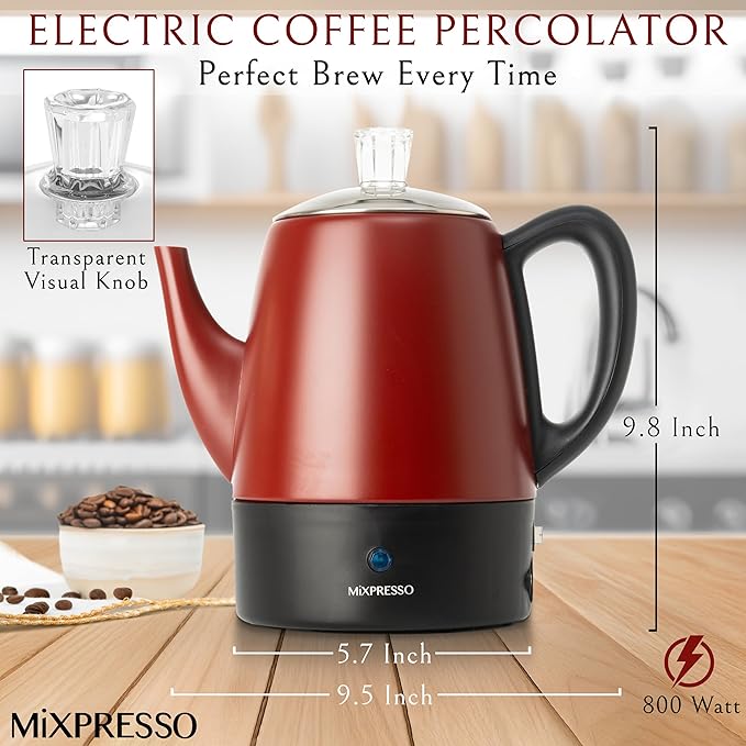 Mixpresso Red Small Electric Percolator Coffee Pot 4 Cup Stainless Steel - Coffee Percolator Electric with Keep Warm Function - Auto Shut-Off for Safe Daily Brewing