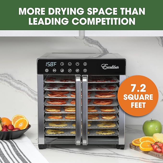 Excalibur Food Dehydrator 8-Tray for Jerky, Fruit, Vegetables, Herbs, Pet Treats, 7.2 Cu Ft Drying Space with Adjustable Temperature Control and 80 hour digital timer, 8-Tray, Stainless Steel
