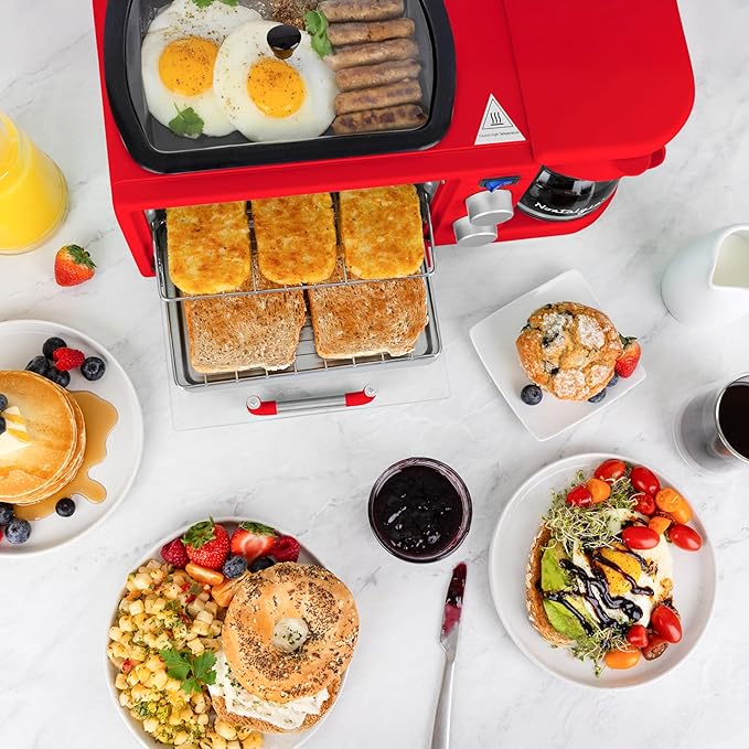 Nostalgia 3-in-1 Retro Breakfast Station - Includes 5 Cup Coffee Maker, Non-Stick Ceramic Griddle, and 4-Slice Toaster Oven - Built-In Timer, Reusable Coffee Filter, Space-Saving Design - Red