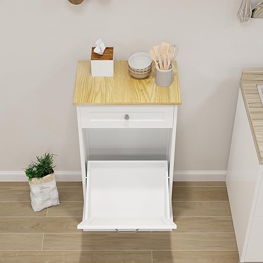 Wooden Simple Style Kitchen Trash Cabinet, Wooden Frame with Drawers and Tilt-Out Trash Cabinet for 10 Gallon Trash Cans 19.69'' W x 13.78'' D x 35.43'' H (White-021)