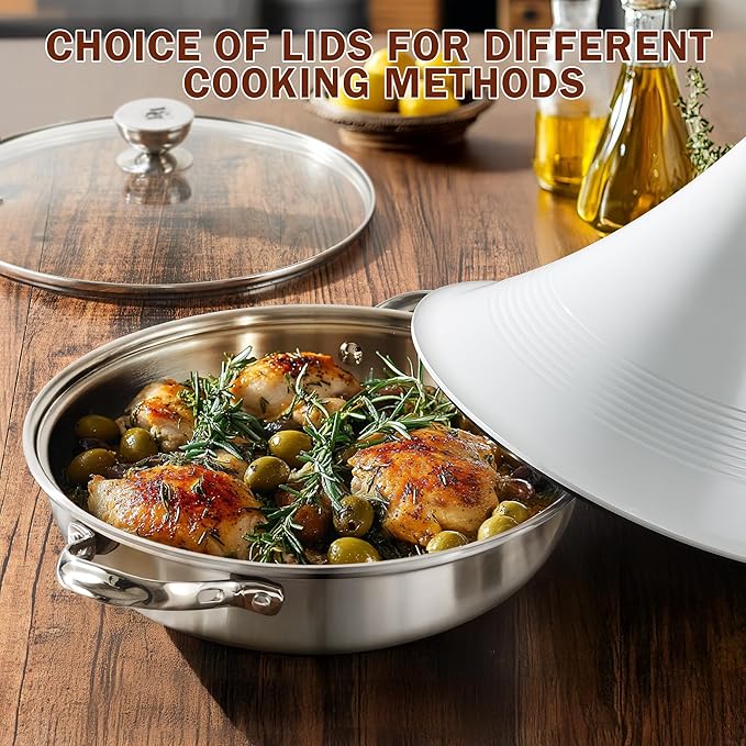 DM Tagine Pot, 11 Inch 3.6 Quart Moroccan Clay Tagine Pot Alternative, Multi-Ply Clad Stainless Steel, Traditional Cooking Pot with Die-Cast Aluminum White Conical Lid and Stainless Steel Knob