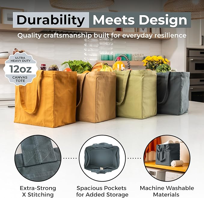VeraMia Canvas Grocery Bag 3pc XL Set with Real Pockets, Long Shoulder Strap and Short Handle. Heavy Duty, Foldable, Washable