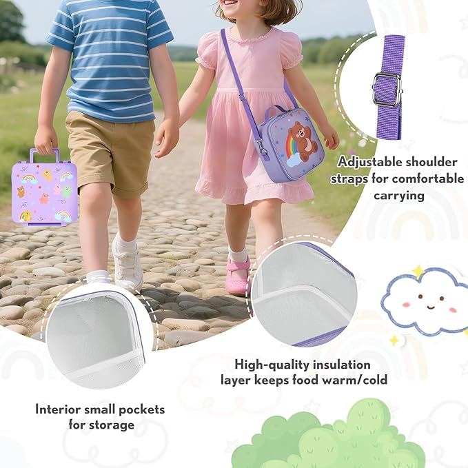 Lunch Box Kids with 5 Compartments, Insulated Food Jar & Utensil & Sauce Container & Lunch Bag & Silicone Collapsible Cup, Leak Proof Bento Box, BPA-Free & Dishwasher Safe-Soft Purple