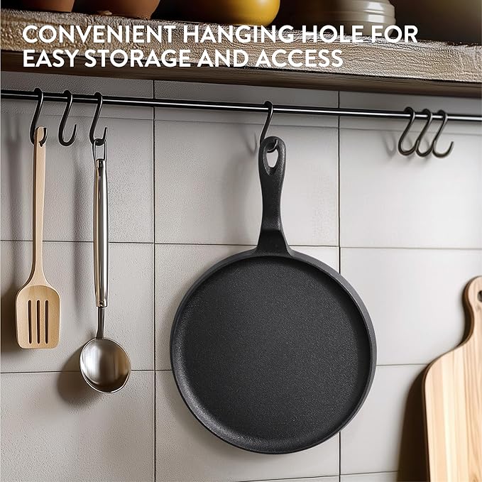 Navaris Cast Iron Griddle - 10"(25cm) Pre-Seasoned Crepe Pan with Ergonomic Handle, Comal for Tortillas - Pancakes, Tawa Roti - Oven, Stovetop, Grill, Induction & Campfire Skillet