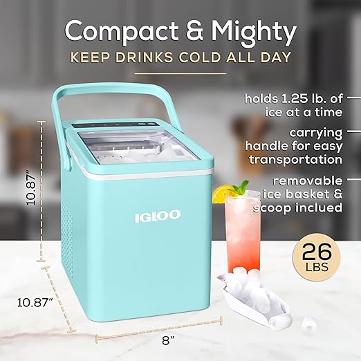 Igloo Automatic Self-Cleaning Portable Electric Countertop Ice Maker Machine with Handle, 26 Pounds in 24 Hours, 9 Ice Cubes Ready in 7 Minutes, with Ice Scoop and Basket