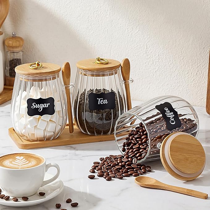 Suclain 3 Pcs Glass Coffee Container with Wooden Lid Spoon Shelf Labels Airtight Sugar Canister Set with Metal Handle Clear Jar Food Storage for Spice Coffee Bean Powder Housewarming Gift(Oval)