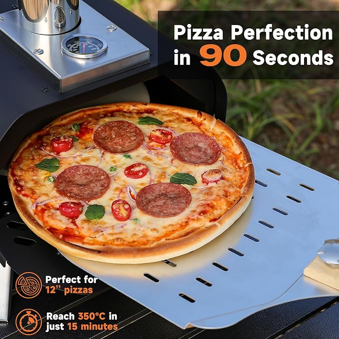 SizzleDelite Outdoor Pizza Oven Wood Pellet 12" Round Pizza Stone, Portable Wood Fired with Built-in Thermometer Pizza Stove, Stainless Steel Pizza Maker for Outside, Backyard, Camping - Black