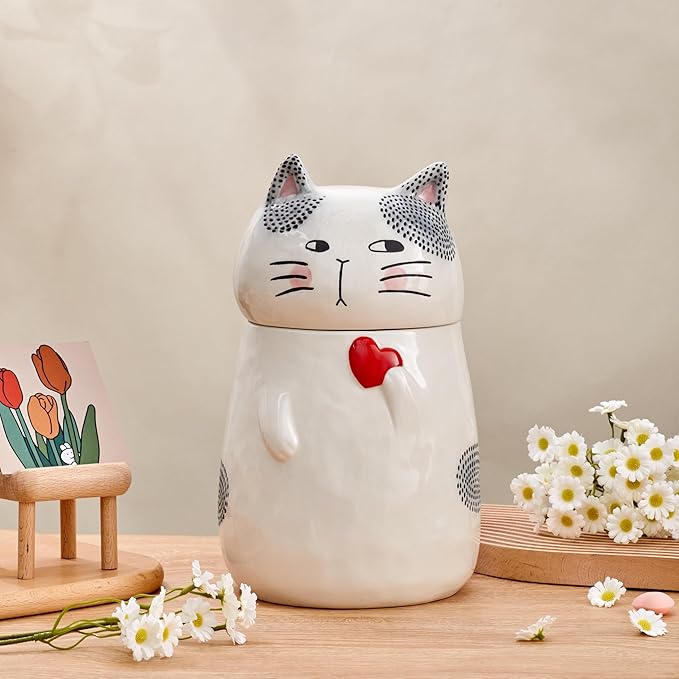 Bico Cartoon Cat Handpainted Stoneware Air Tight White 10.2 inch Cookie Jar, Dishwasher Safe, for storing Cookie, Candy, Coffee