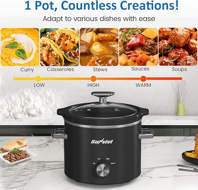 SUNVIVIPRO Small Slow Cooker with Removable Ceramic Pot, Food Warmer with 3 Heating Settings & Dishwasher Safe Glass Lid, Black
