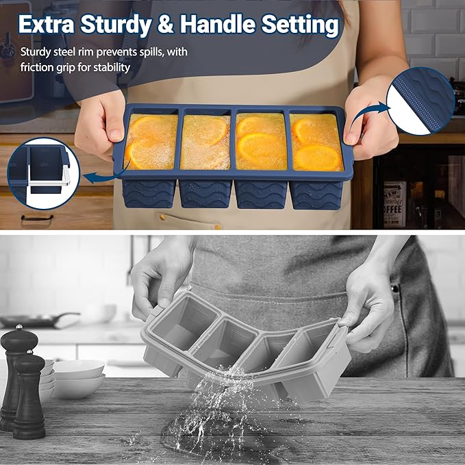 Doasuwish Silicone Freezer Tray for Soup with Lid – 1-Cup Soup Container Cube Style Ice Cube Trays for Freezer, Meal Prep & Food Storage, Freeze 250mL/125mL Portions – 2 Pack