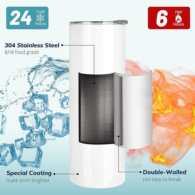 12 Pack Sublimation Tumblers 20 oz Bulk Blank Tumblers Skinny Straight Flat Bottom Cups White with Lid and Straw