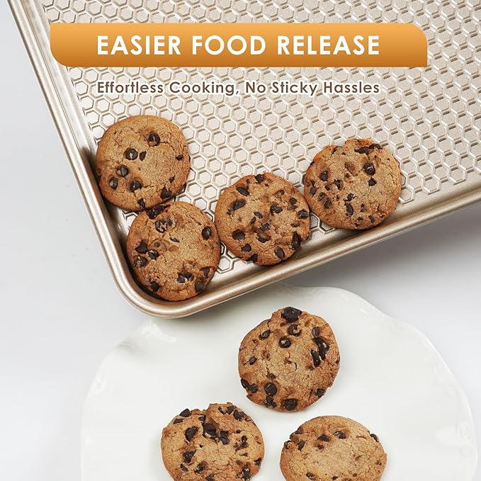 Baking Sheet Pan Set of 3, Nonstick Carbon Steel Cookie Sheets with Texture, Commercial Half/Quarter/Jelly Roll Pans Replacement Toaster Oven Tray, Heavy Duty & Easy Clean, Champagne Gold