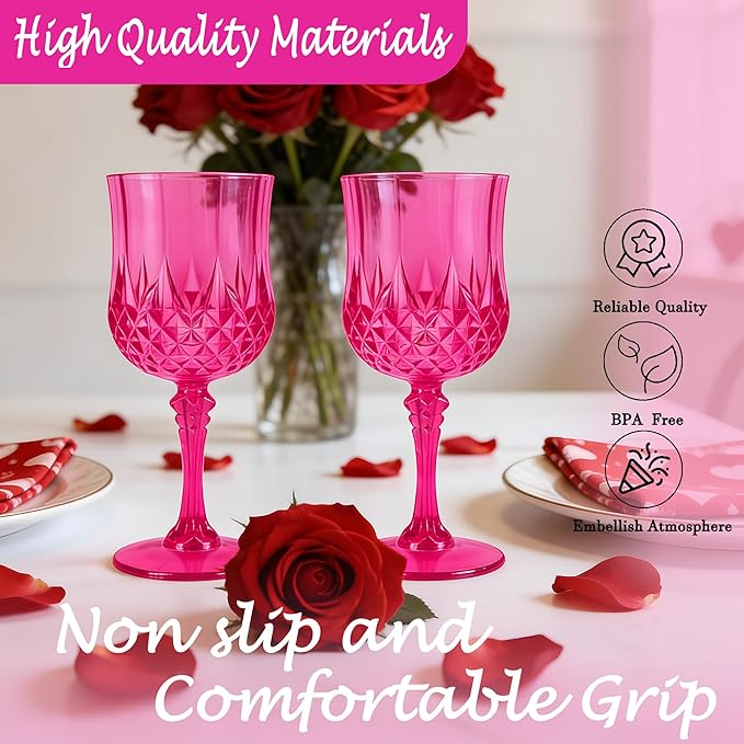 Plastic Wine Glasses, Plastic Goblets Vintage Style Cordial Unbreakable Drinking Glasses, Reusable Drinkware for Wedding Reception, Grand Event Party Supplies, Mother's Day (24, Hot Pink)