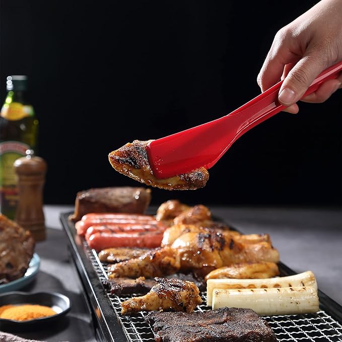 Mu&Ti Silicone Kitchen Tongs 2-in-1 11 In Premium Stainless Steel Barbecue Clamp Multipurpose BBQ Clamp Spatula for Gripper Bread Clip/Fried Steak Clamp/Flipping Fish/Beefsteak Flipper Two Set(Red)