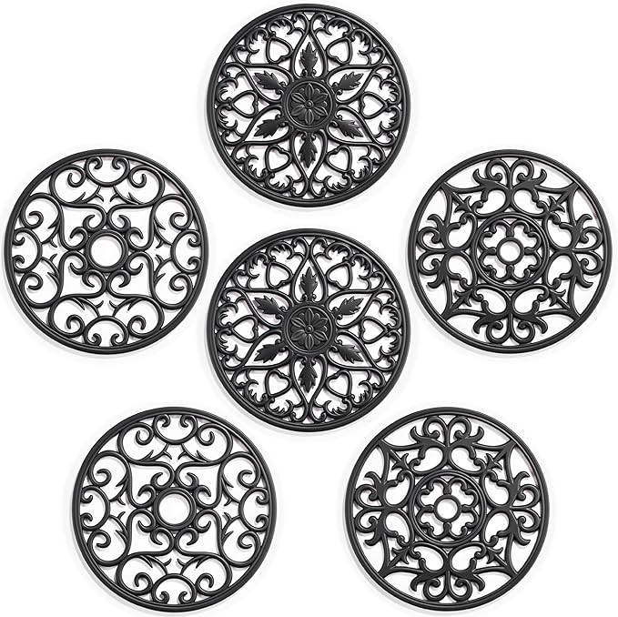 SMARTAKE 6 Set Silicone Trivet Mats, Multi-Use Intricately Carved Coasters, Insulated Non-Slip Durable Kitchen Mats, Flexible Modern Kitchen Table Mat, for Hot Dishes, Pots, Countertop (Black)