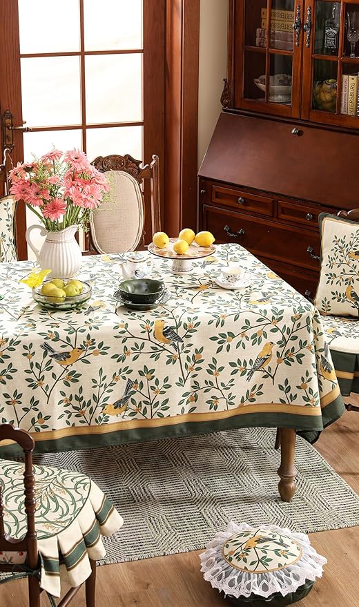 patdrea Designer Green Linen Rectangular Tablecloth,Vintage Breathable Floral Extra Long Table Cloth,Decor Table Cover for Kitchen Dining,Parties,Party,Christmas,Thanksgiving,63"x110"-Warbler