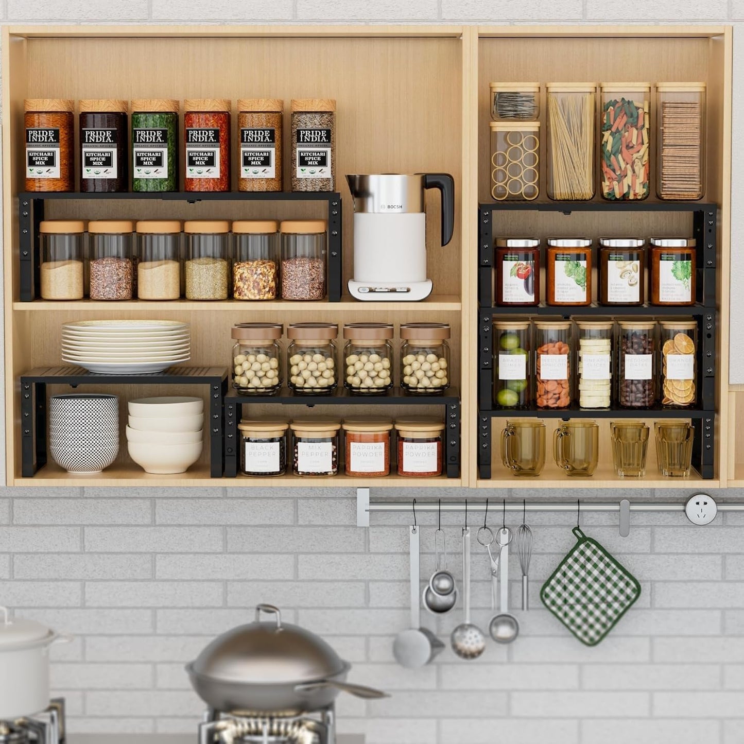 Expandable Spice Rack Kitchen Cabinet Shelf Organizer, Stackable Storage Shelves Racks, Adjustable Counter Shelving for Cabinets, Countertop, Cupboard,Pantry and More(1Pack/Black/Large)