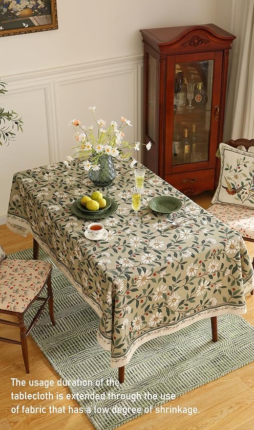 ISAENNE Designer Green Linen Long Rectangle Tablecloth,Floral French Country Indoor Table Cloth,Stain Resistant Home Decor Tablecloths for Dining Kitchen Thanksgiving Party,63"*94"-Brune