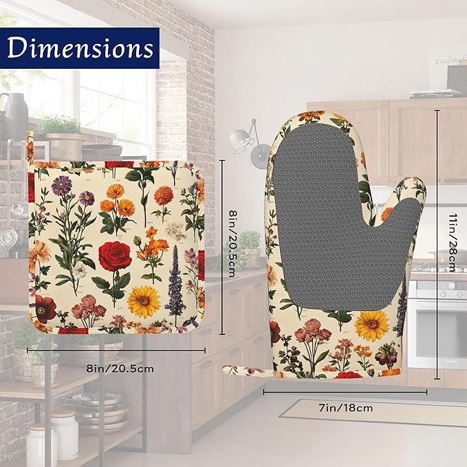 Wildflowers Red Rose Pot Holders and Oven Mitts Set Silicone Vintage Herb Kitchen Gloves Potholders Heat Resistant Washable,Chef Cooking Baking Gifts for Women Men Bakers Lover Cooks
