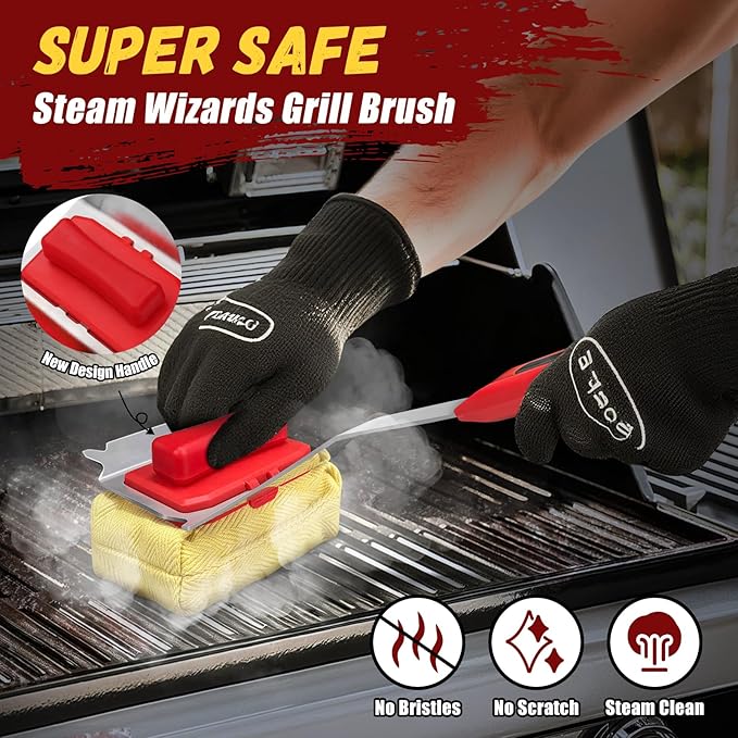 Steam Safe Grill Cleaning Brush Bristle Free for Outdoor Grill with 15" Extended Handle, 3X Thick Aramid Fabric Replaceable Brush Heads, Heavy Duty Triple-Groove Scraper Design for All Grates, Red