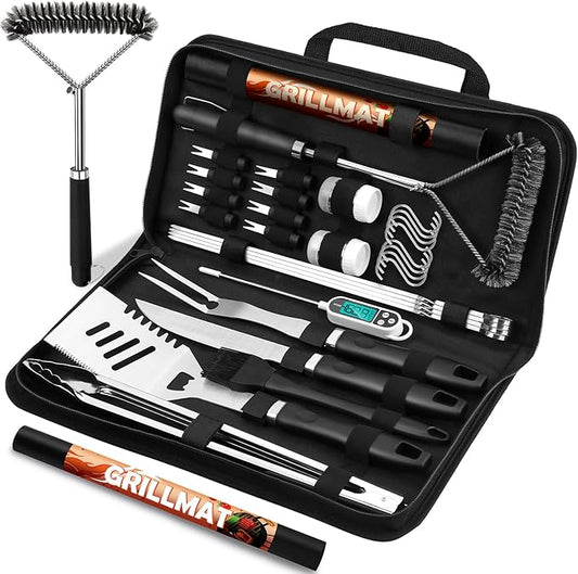 31pcs BBQ Grill Accessories Set for Men Dad, Heavy Duty Grilling Tools Gifts for Christmas, Stainless Steel BBQ Utensils Kit with Mats, Grill Brush in Carrying Bag Black