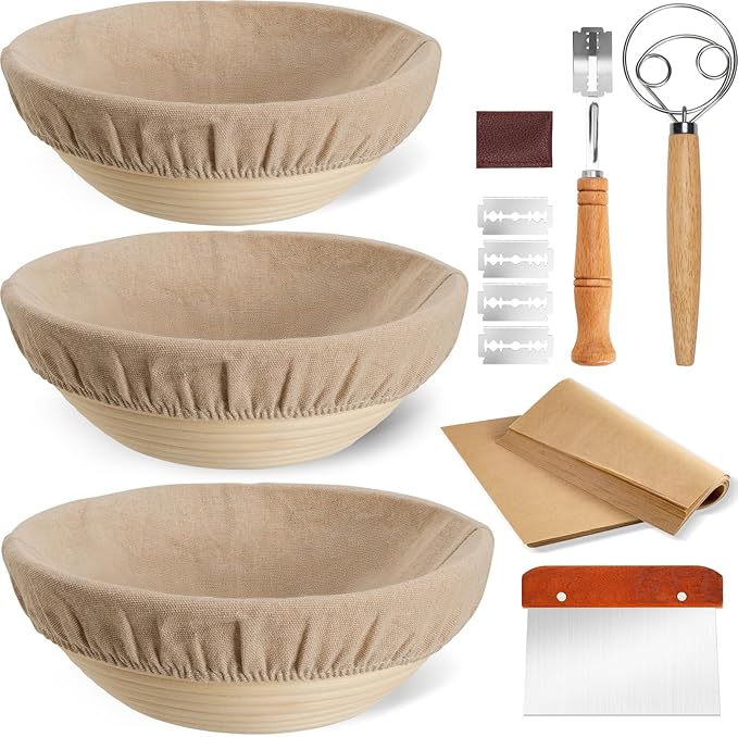 Banneton Bread Proofing Basket Set of 3, Kikcoin 8" & 9" & 10" Round Sourdough Bread Baking Supplies, Banneton Basket with Parchment Paper Sheets, Dough Whisk, Stainless Steel Scraper, Bread Lame
