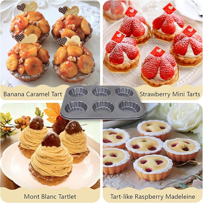 2 Pack Mini Tart Pan, 2.75" Egg Tart Molds 6-Cavity Non Stick Fluted Mini Tart Mould, Reusable Quiche Bakeware Carbon Steel for Pies, Quiche, Cheese Cakes, Desserts(Not Included Cutting Mold)