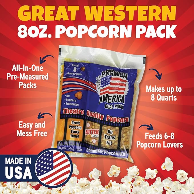 Premium America Popcorn Kit, 24 Packs for a 8oz Popper, Movie Theater & Popcorn Machine Kernels, Oil & Seasoning Packet, Bulk All in One