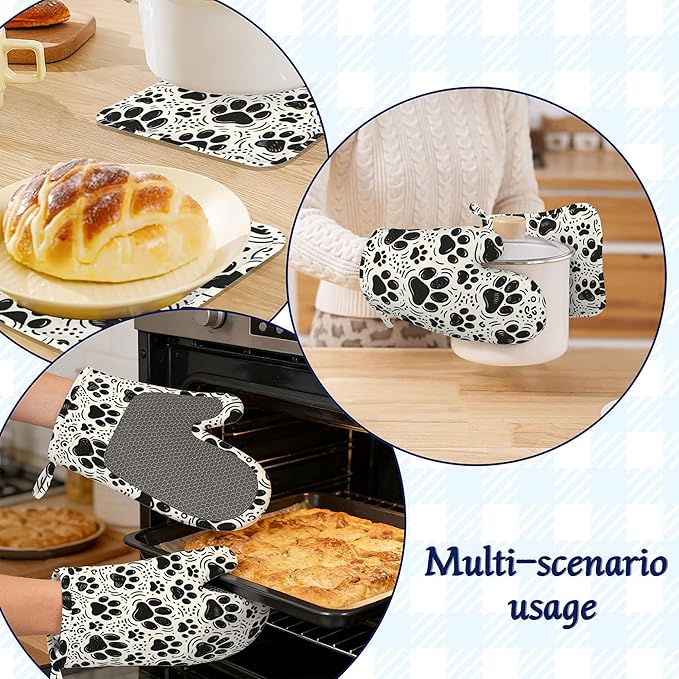 Dog Paw Potholders & Oven Mitts Sets Cat Footprint Paw Prints Silicone Heat Resistant Oven Mits and Hot Pads Non-Slip Pot Holders Gloves for Kitchen Chef Cooking Baking Grilling BBQ
