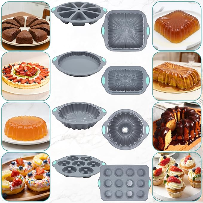 To encounter 51 Piece Silicone Baking Pan Set, Non-Stick Bakeware Set with Baking Pans, Reusable Donut Mold, Food-Grade Silicone Molds for Cakes, Cookies, Muffins, Bread, Light Grey